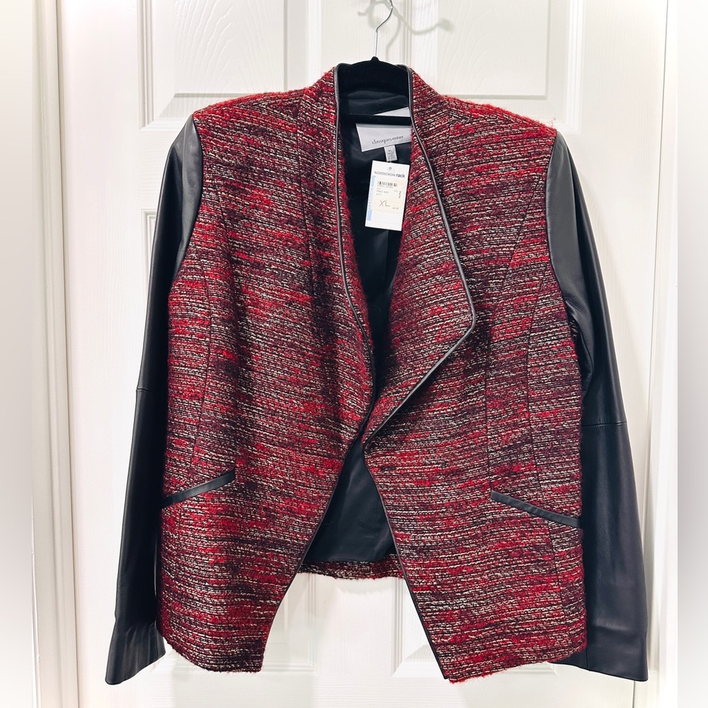 NWT Classiques Entier Larch Tweed- Leather Burgundy Fitted Jacket Blazer - XL